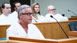Convicted sex offender Byron Thad Haderlie, 53, speaks at a victim impact hearing held by Utah's Board of Pardons and Parole on March 5, 2024. (Josh Szymanik, KSL-TV)