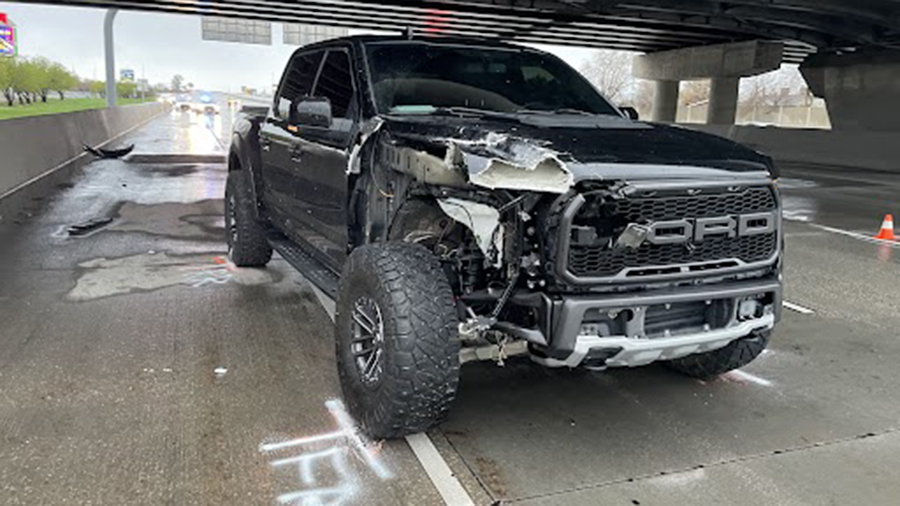 The truck that was involved in the fatal crash that killed a pedestrain on I-215....