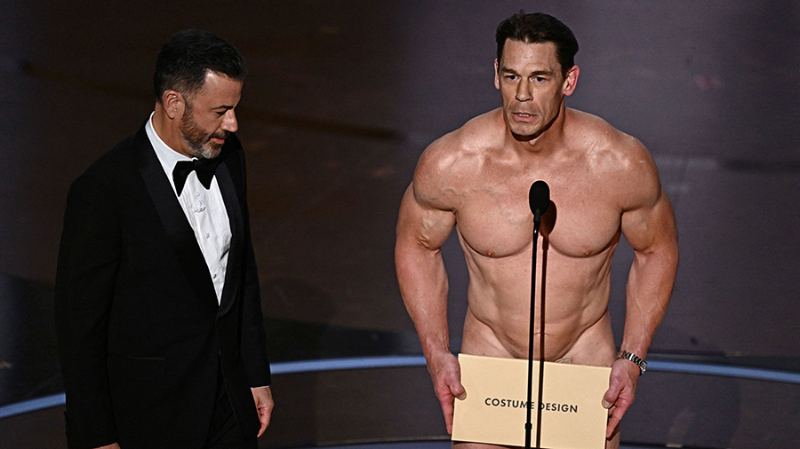 (From left) Jimmy Kimmel and John Cena at the 2024 Academy Awards in Hollywood on March 10, 2024....