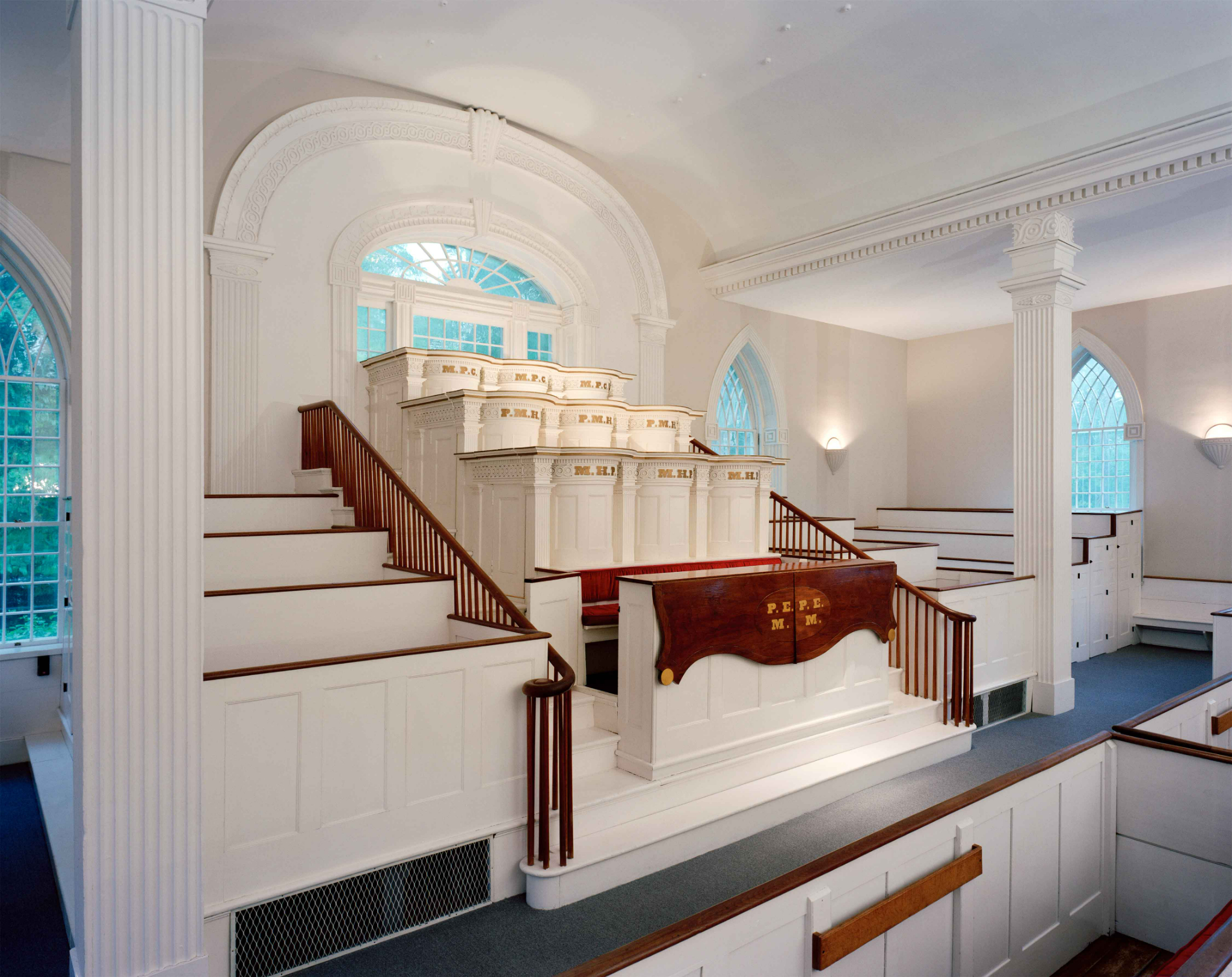 The Melchizedek Priesthood pulpits on the first floor of the Kirtland Temple. Photograph by Val Bri...