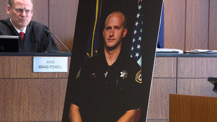 A picture of the dead, Provo Police officer Joseph Shinners, that was being used in the courtroom o...