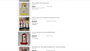 This screenshot shows several Trader Joe's bags listed for sale/auction on eBay for $$$ on March 13, 2024." 