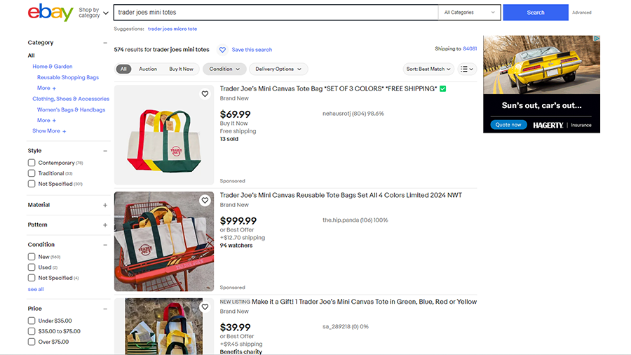 This screenshot shows several Trader Joe's bags listed for sale/auction on eBay for $$$ on March 13...