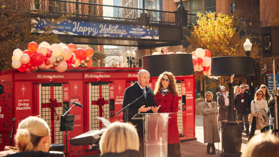 Utah Gov. Spencer Cox and first lady Abby Cox speak at the Light the World Giving Machine launch in...
