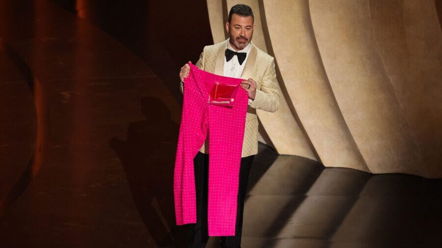 Jimmy Kimmel, with Ryan Gosling's Ken pants, hosting the 96th Academy Awards. (Mike Blake, Reuters,...