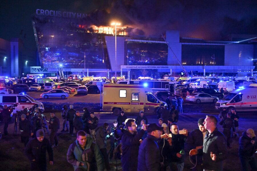 Several gunmen burst into the Crocus City Hall on the western edge of Moscow and fire automatic wea...