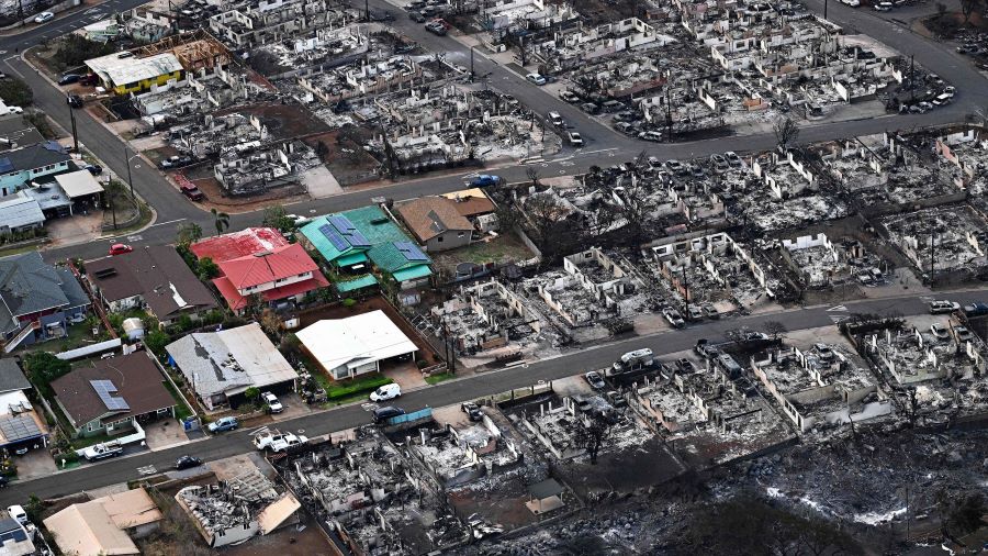 An aerial image taken on August 10, 2023 shows destroyed homes and buildings burned to the ground i...
