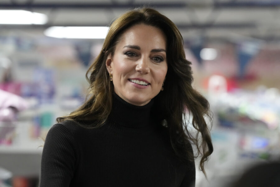 FILE - Britain's Kate, Princess of Wales smiles during her visit to Sebby's Corner in north London,...