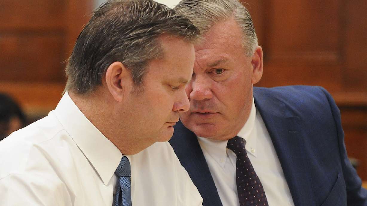 John Prior speaks with Chad Daybell during a hearing in August 2020. Testimony in the murder trial ...
