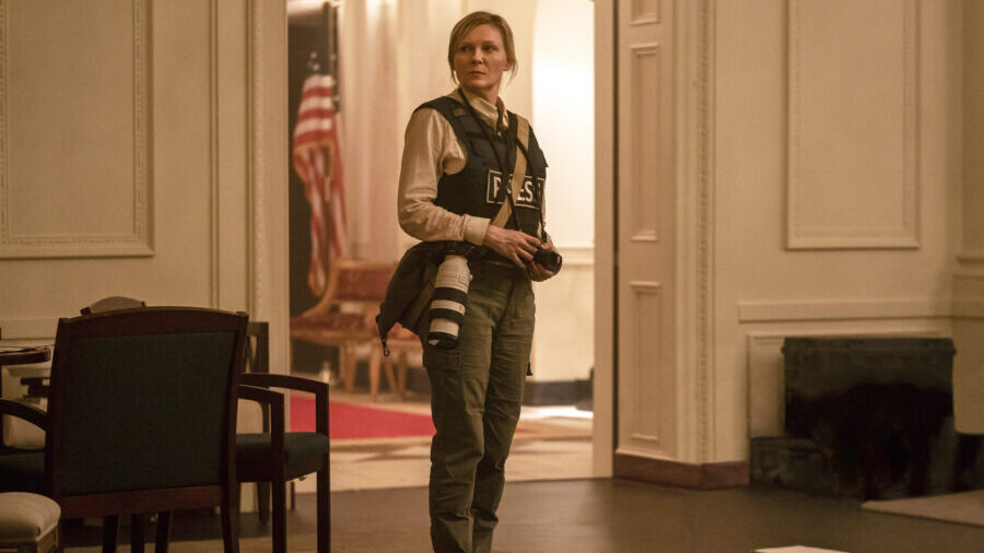 This image released by A24 shows Kirsten Dunst in a scene from "Civil War." (Murray Close/A24 via A...