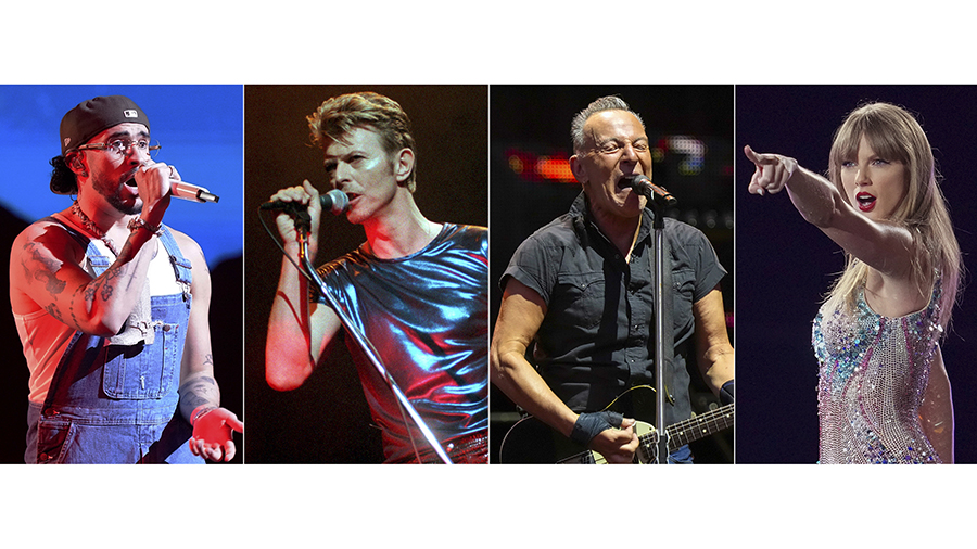 This combination of images shows Bad Bunny, from left, David Bowie, Bruce Springsteen and Taylor Sw...
