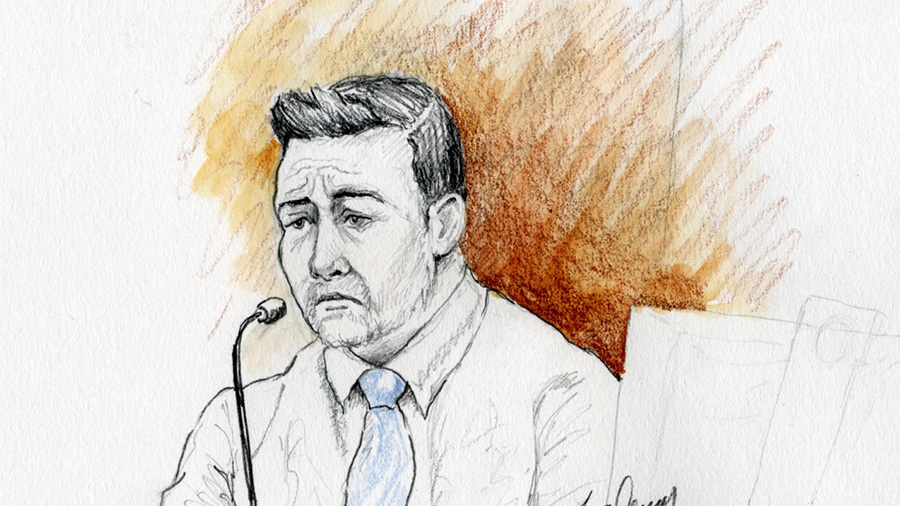 FILE - A courtroom sketch of Brandon Boudreaux as he takes the stand on April 10, 2023 during Lori ...