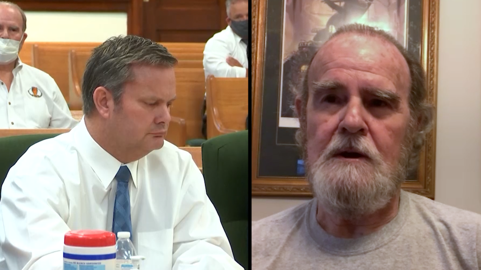 Chad Daybell (left) sitting in the Idaho court room. Larry Woodcock (right) the grandfather of “J...
