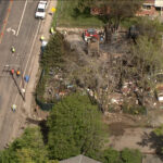 An aerial view of the Holladay home after crews detonated old dynamite in the basement on April 24, 2024. (Chopper 5, KSL TV)