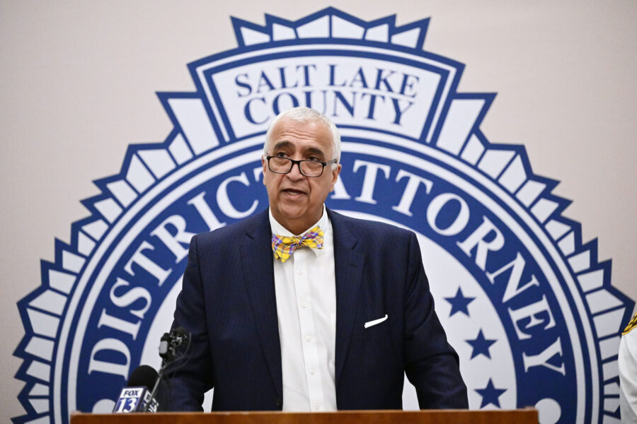 Salt Lake County District Attorney Sim Gill speaks as he joins with Salt Lake County Sheriff Rosie ...