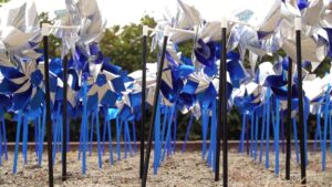Blue pinwheels placed outside of the DCFS offices in Salt Lake City.