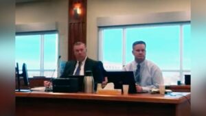 Chad Daybell (right) sitting next to his attorney, John Prior, during his murder trail in Boise on Friday.