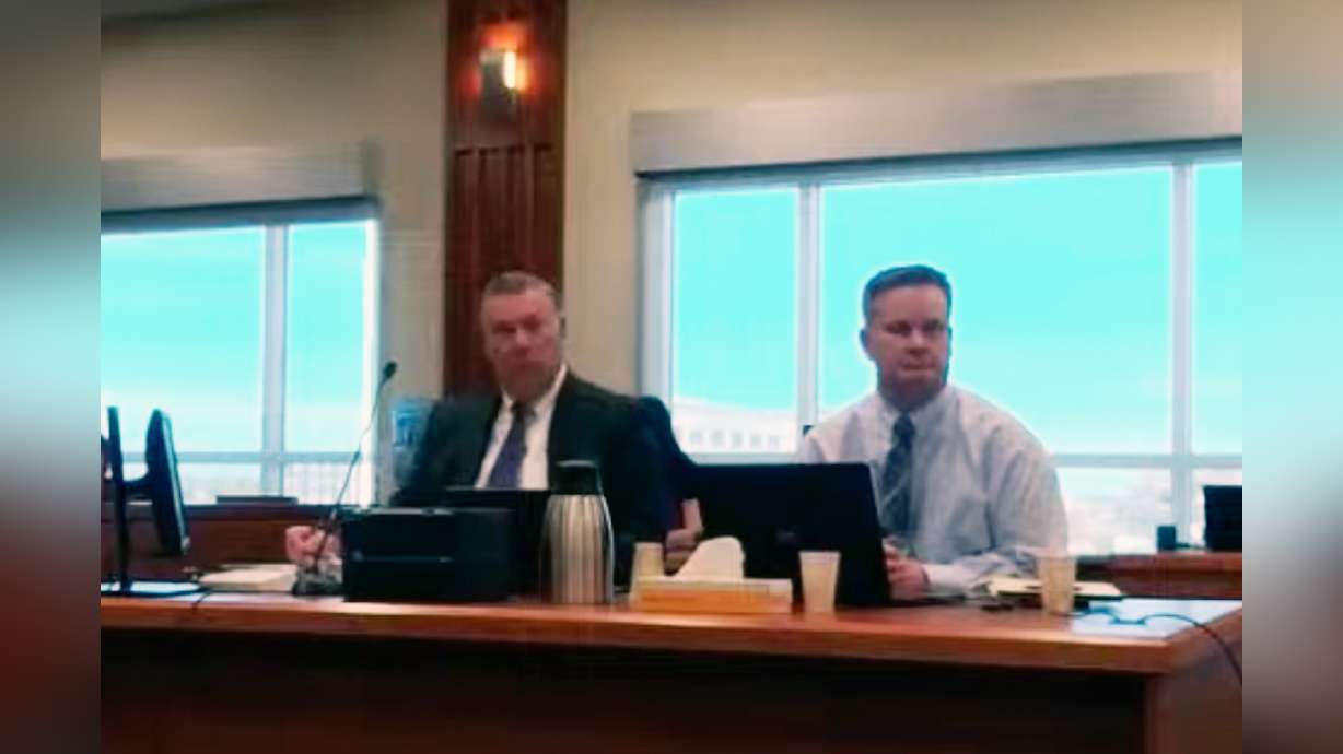 Chad Daybell (right) sitting next to his attorney, John Prior, during his murder trail in Boise on ...