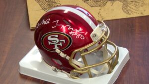 A signed 49ers helmet by Jerry Rice and Joe Montana.
