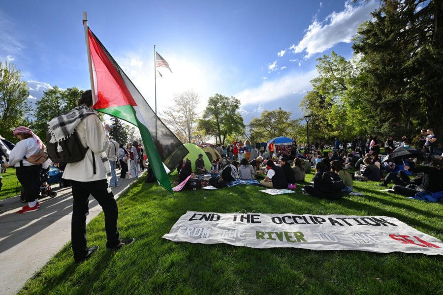 Demonstrators gather at the University of Utah to show support for Palestine in Salt Lake City on M...