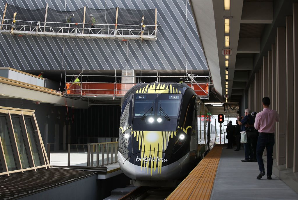 FILE: A Brightline train is seen at the new MiamiCentral terminal during the inaugural trip from Mi...