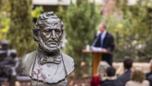 A bust of Brigham Young on display at the Brigham Young Family Cemetery in Salt Lake City on October 22, 2022.