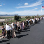 Members of the church line up outside the Manti Utah Temple. (The Church of Jesus Christ of Latter-day Saints)