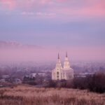 The Layton Utah Temple, tucked in between the Wasatch peaks of the Rocky Mountains and the Great Salt Lake. (The Church of Jesus Christ of Latter-day Saints) 