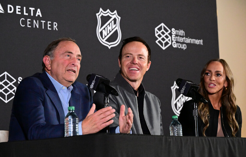 NHL Commissioner Gary Bettman speaks as he joins Ryan Smith, co-founder and chairman of Smith Enter...
