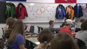 Shaw's classroom decorated in 2002 Olympic gear. 