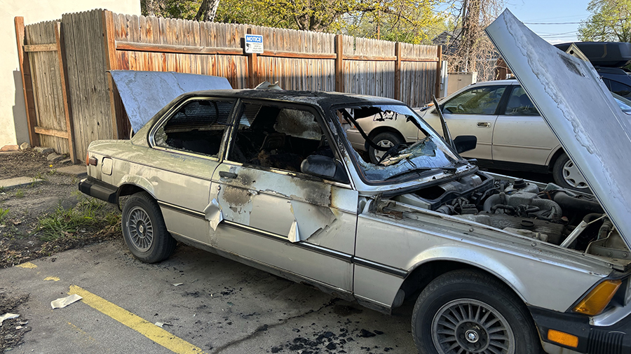 Winnie Quilter's dad's 1982 BMW 320I that was set a blaze during Tuesday morning fires....