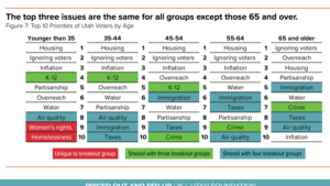 The top three issues that all groups besides those 65 and over agree on are issues in Utah.