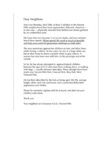 The letter that the parent wrote and sent to other residents. 
