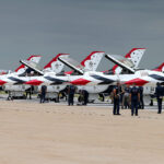 The Thunderbirds Aerial Demonstration Squadron lines up as they arrive as to host the 2014 Warriors Over The Wasatch: Power of Airmen open house and air show. (Deseret News) 