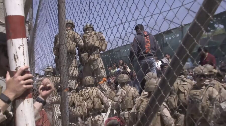 This image from a video released by the Department of Defense shows US Marines at Abbey Gate before...