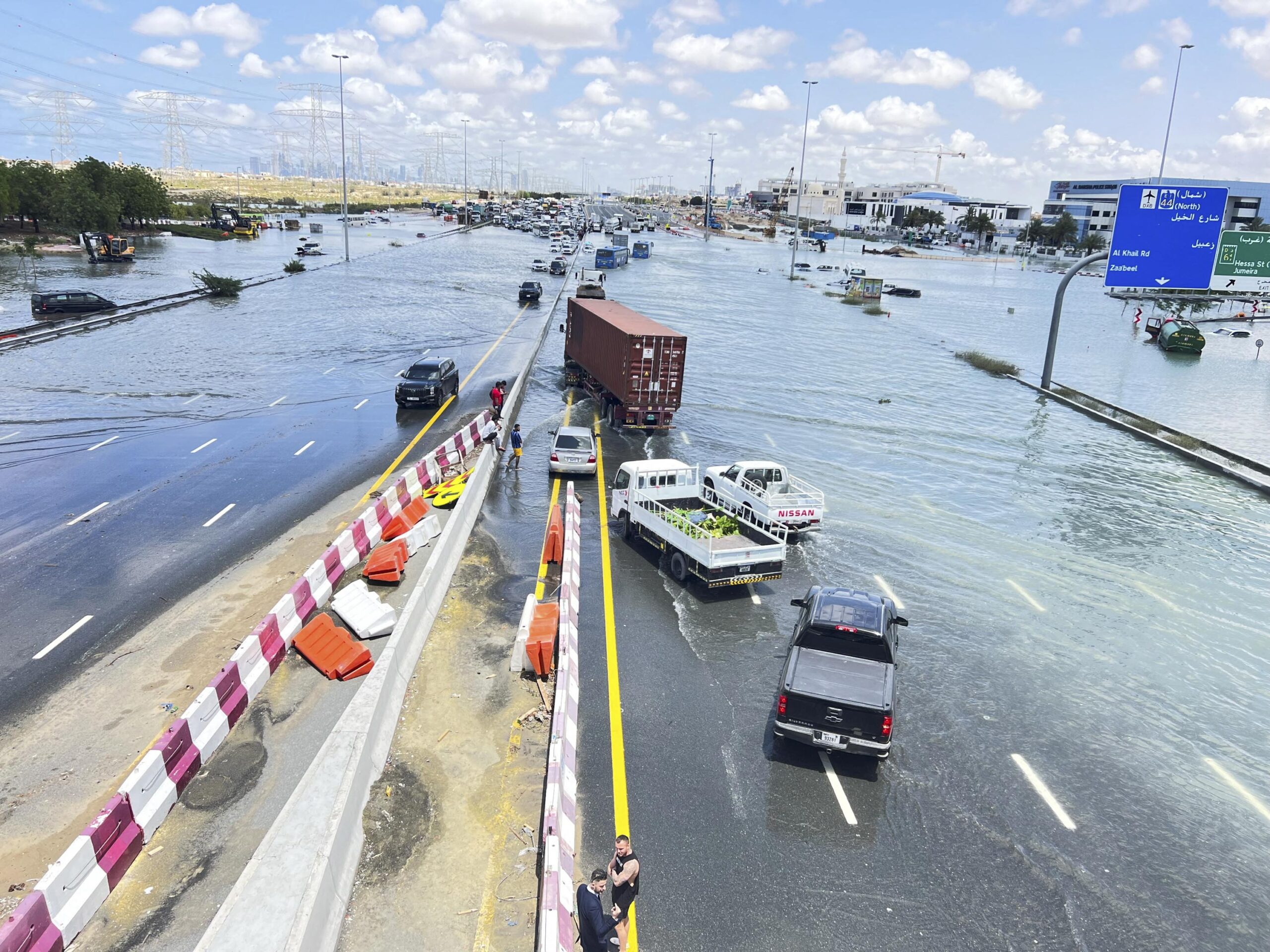 Cars are stuck on a flooded road after a rainstorm hit Dubai, United Arab Emirates on Wednesday. (R...