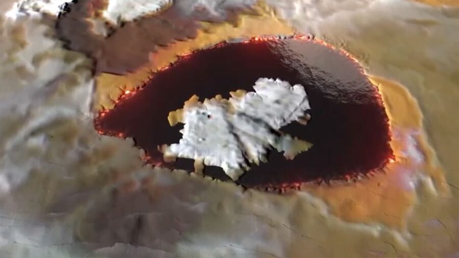 A graphic shows what a lava lake, called Loki Patera, may look like on the surface of Jupiter's moo...
