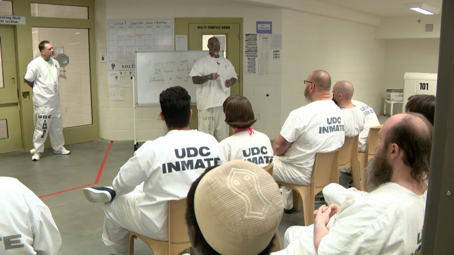 Utah State Correctional Facility inmate Mark Evans leads a discussion in new SOLID program. (Greg A...