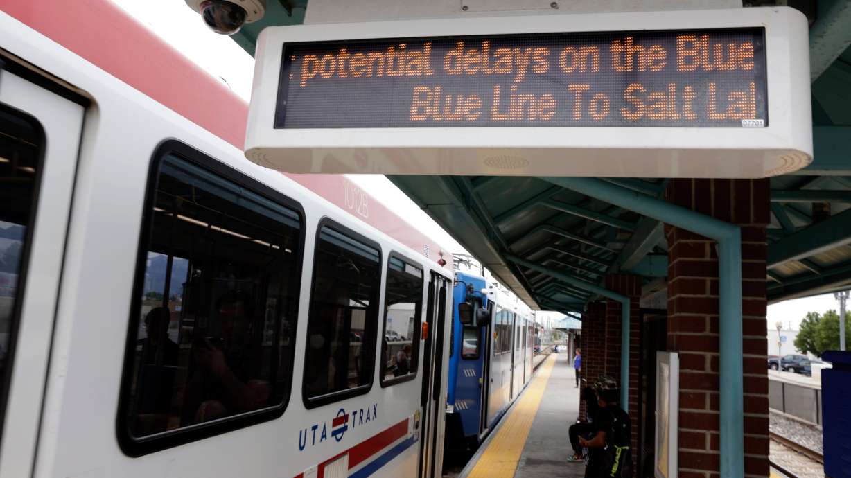 A sign at the Center Pointe TRAX Station along the blue TRAX line in South Salt Lake on Aug. 1, 202...