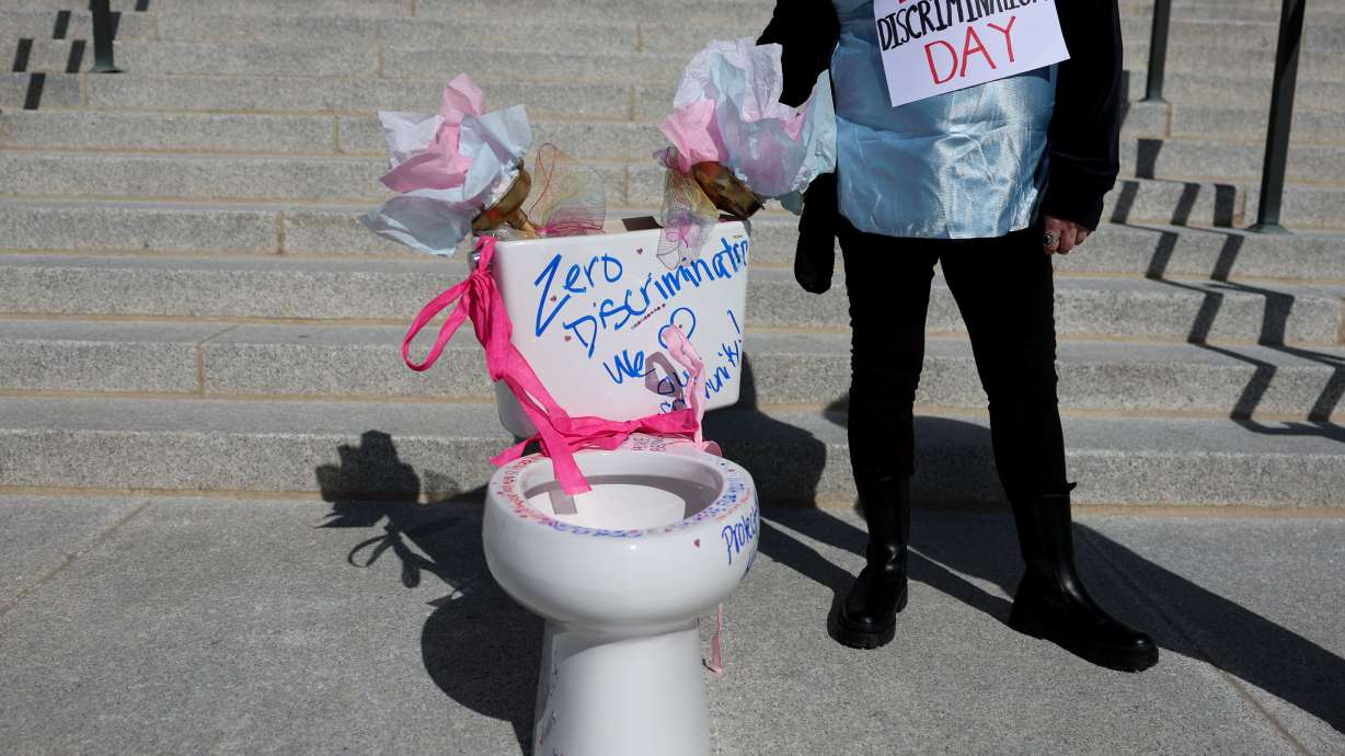 A toilet bowl placed on the stairs of the Capitol by members of Utah Students Unite during Zero Dis...