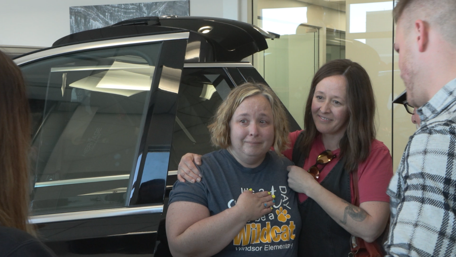 Sarah Kerttula's reaction to surprise Palisade gifted by her community at the Murdock Hyundai....
