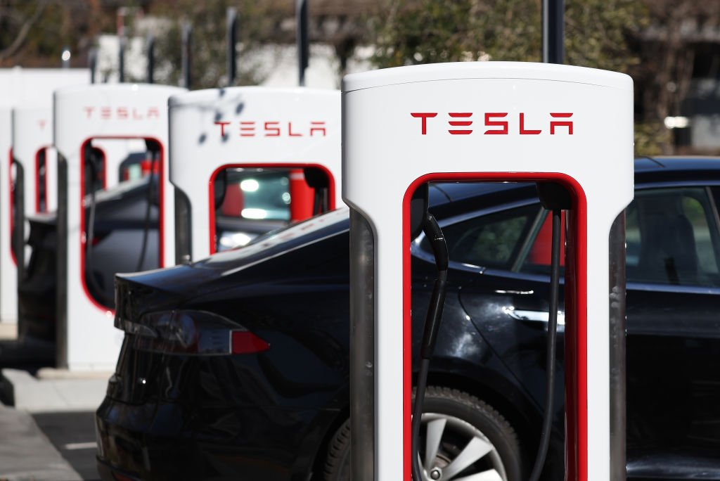 SAN RAFAEL, CALIFORNIA - FEBRUARY 15: A view of Tesla Superchargers on February 15, 2023 in San Raf...
