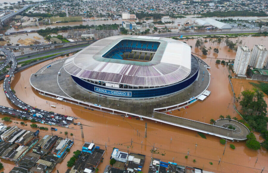 PORTO ALEGRE, BRAZIL - MAY 5:  In this aerial view, flood waters surround the Gremio Arena after he...