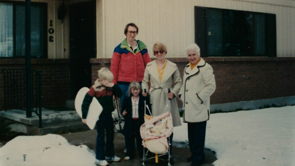Rasmussen family in the 70s. Left to right back row: David, Jordan, and DeAnn Rasmussen, and Dora R...