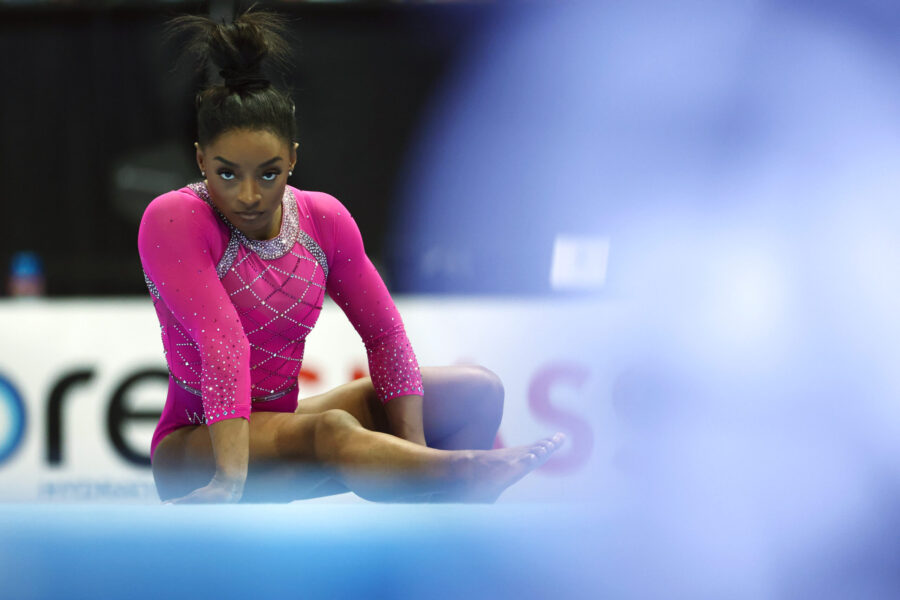 Simone Biles looks on prior to performing a floor routine during the 2024 Core Hydration Classic at...