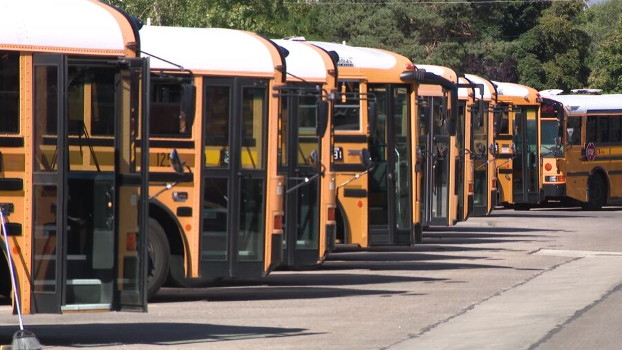 A line of Canyons School District buses are pictured on Monday, Aug. 19, 2024. (KSL TV)...