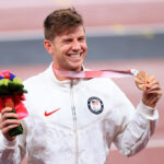 TOKYO, JAPAN - SEPTEMBER 03: Bronze medalist Hunter Woodhall of Team United States poses on the podium at the medal ceremony for the Men's 400m - T62 on day 10 of the Tokyo 2020 Paralympic Games at the Olympic Stadium on September 03, 2021 in Tokyo, Japan. (Photo by Carmen Mandato/Getty Images)