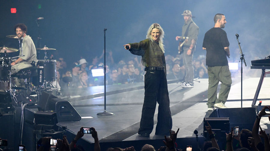 Emily Armstrong and Linkin Park perform during a global livestream at Warner Bros. Studios on Septe...