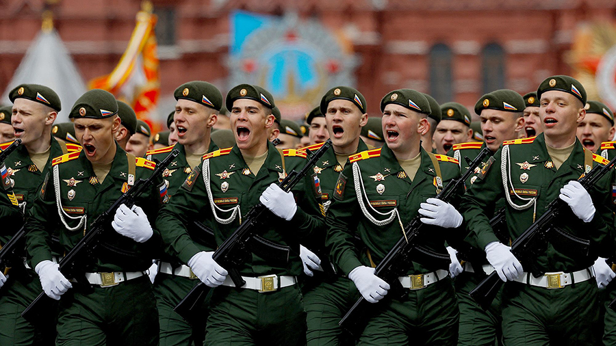 Russian troops march during the Victory Day military parade in Red Square in Moscow, Russia, May 9,...