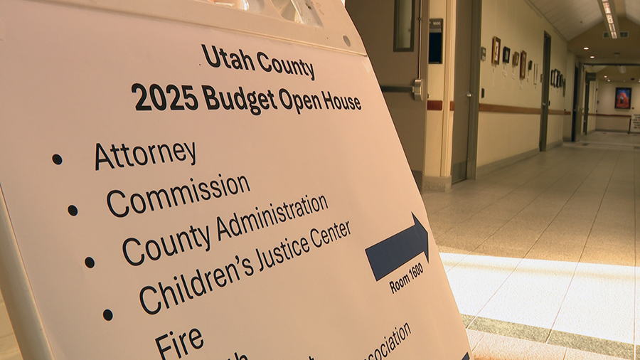 A sign directing Utah County residents to the budget open house meeting on Sept. 26, 2024...